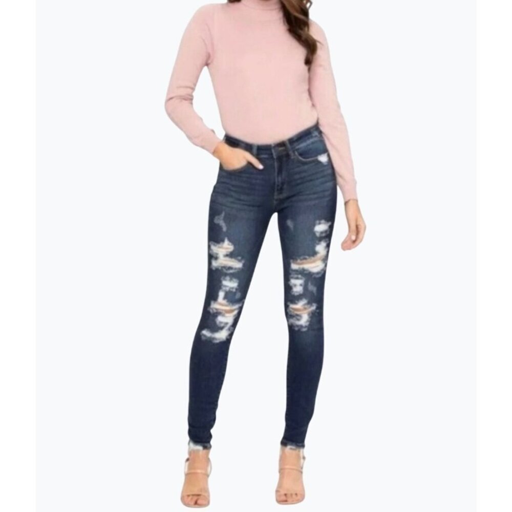 Judy Blue Womens Mid-Rise Distressed Skinny Jeans In Dark Blue Denim Size 9/29